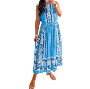 Ann Taylor‎ LOFT Dutch Peasant Fiesta Midi Blue Floral Open Back Dress XS New!